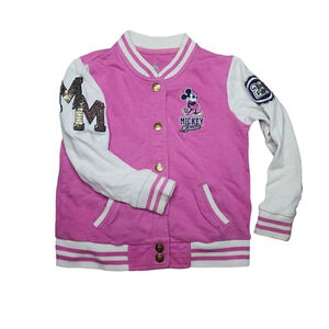 Disney Parks Kids Pink Snap Button Embroidered Varsity Jacket Size Xs